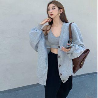 Plain Cardigan / Cropped Spaghetti Strap Top / Skort