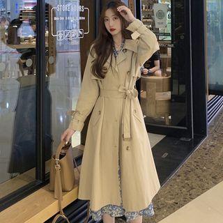 Single Breasted Trench Coat / Tie-waist Jacket / Long-sleeve Floral Print A-line Midi Dress
