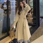 Single Breasted Trench Coat / Tie-waist Jacket / Long-sleeve Floral Print A-line Midi Dress