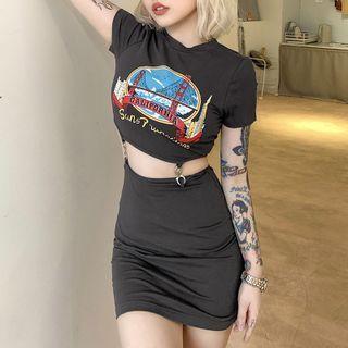 Short-sleeve Graphic Print Cutout-waist Mini Bodycon Dress