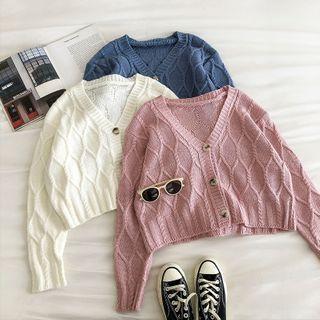 Plain V-neck Long-sleeve Cable-knit Cardigan