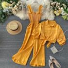 Set Of 2 : Suspender Ruffle Wide-leg Jumpsuit + Stand-collar Short-sleeve Cardigan