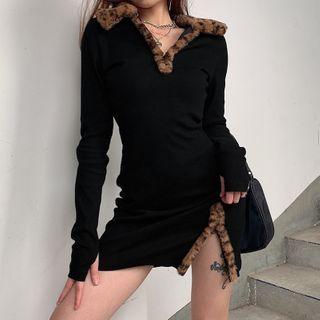 Long-sleeve Leopard Print Panel Mini Collared Dress