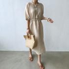 Tassel-neck Gathered-waist Midi Dress