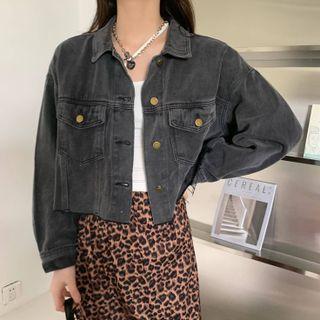 Long-sleeve Cropped Denim Jacket Black - One Size