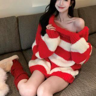 Oversized Striped Knit Dress Stripes - Red & White - One Size