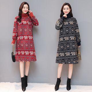 Puff-sleeve Printed A-line Dress