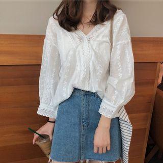 Ruffled Crochet Blouse White - One Size