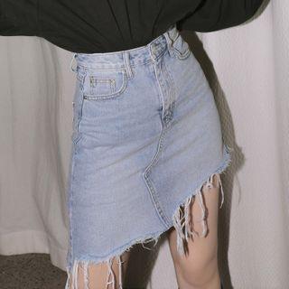 Distressed Asymmetrical Denim Mini A-line Skirt
