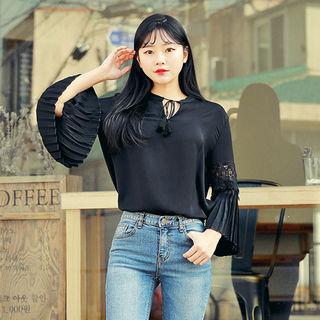 Tie-front Pleated-sleeve Top