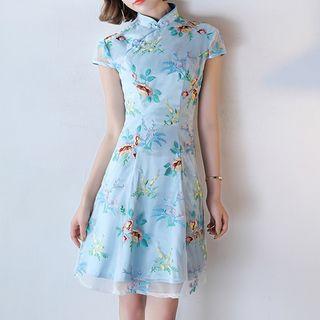 Floral Embroidered Short-sleeve A-line Cheongsam