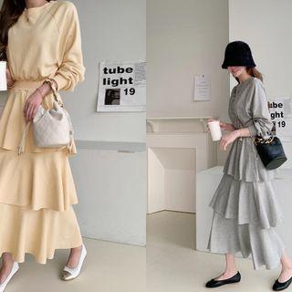 Raglan-sleeve Layered Midi Dress