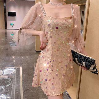 3/4-sleeve Mesh Sequined Dress