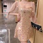 3/4-sleeve Mesh Sequined Dress
