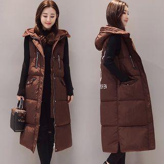 Lettering Hooded Padded Long Vest