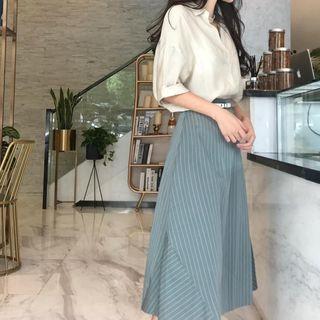 3/4 Sleeve V-neck Top/high Waist Striped A-line Skirt