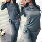 Set: Cut Out Front Long Sleeve Top + Plain Sweatpants