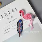 Set Of 2: Flamingo / Feather Embroidered Brooch Set Of 2 - Brooch - Flamingo & Feather - Pink & Blue - One Size