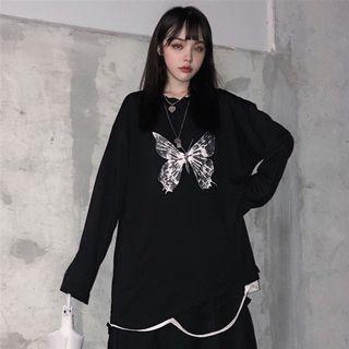 Butterfly-print Long-sleeve Round Neck T-shirt Black - One Size