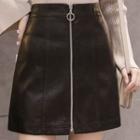 Faux Leather Zip Mini A-line Skirt