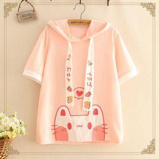Cat Embroidered Strawberry Drawstring Short-sleeve Hoodie As Shown In Figure - One Size