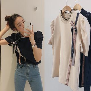 Puff-sleeve Beribboned Knit Top