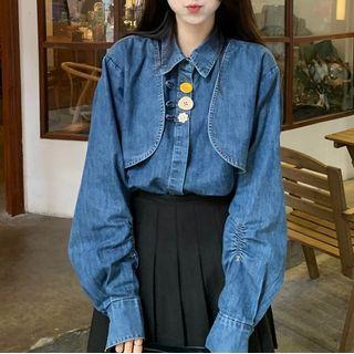 Button-up Long-sleeve Denim Shirt Blue - One Size