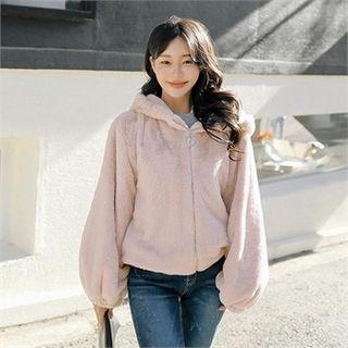 Puff-sleeve Coral-fleece Zip Hoodie