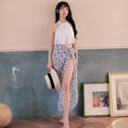 Set: Halter Lace Swim Top + Floral Print Bottom + Maxi Skirt
