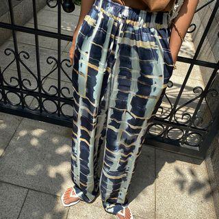 Drawstring Patterned Wide-leg Pants Mint Green - One Size