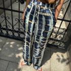 Drawstring Patterned Wide-leg Pants Mint Green - One Size
