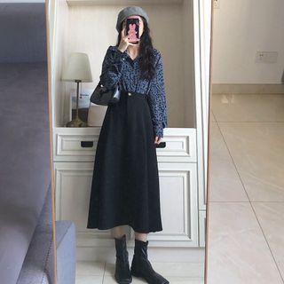 Midi A-line Skirt / Leopard Print Shirt