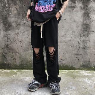 Couple Matching Drawstring Distressed Wide Leg Pants