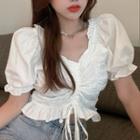 Bow-sleeve Ruched Drawstring Cropped Blouse White - One Size
