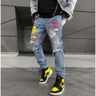 Distressed Graphic Print Straight Leg Jeans