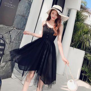 Spaghetti Strap Mesh Panel A-line Dress