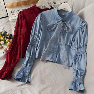 Mesh-ribbon Cropped Satin Blouse