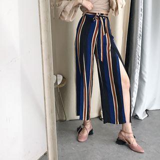 Side-slit Striped Wide-leg Pants