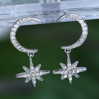 925 Sterling Silver Rhinestone Moon & Star Dangle Earring White Gold - One Size