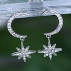 925 Sterling Silver Rhinestone Moon & Star Dangle Earring White Gold - One Size