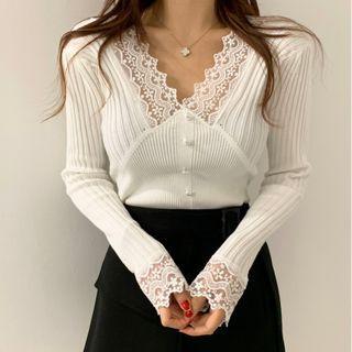 Long-sleeve Lace Trim V-neck Knit Top