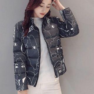 Stand-collar Printed Zip Padded Jacket