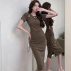 Short-sleeve Mock Two Piece Midi Sheath Dress
