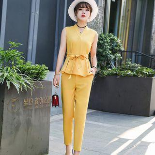 Set: Sleeveless Wrap Top + Cropped Dress Pants