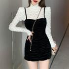 Mock-neck Long-sleeve Shirred Top / Shirred Overall Dress