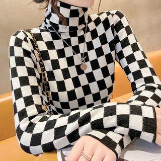 Long-sleeve Turtleneck Checkerboard Knit Top