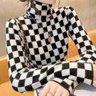 Long-sleeve Turtleneck Checkerboard Knit Top