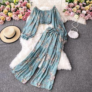 Set: Off Shoulder Floral Print Crop Blouse + Wide Leg Pants