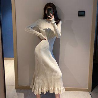 Long-sleeve Ruffle-trim Midi Knit Dress