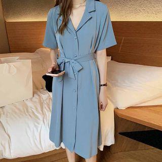 Short-sleeve Chiffon Shirt Dress With Sash